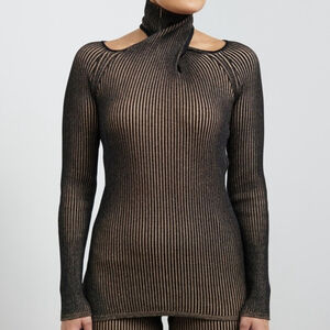 NWT $1099 BALLY Silk Blend Twist Neckline Knit Top Size 4 in Black and Peachy